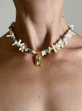 小众设计不规则串珠夏日白色清新波西米亚度假风方形吊坠项链