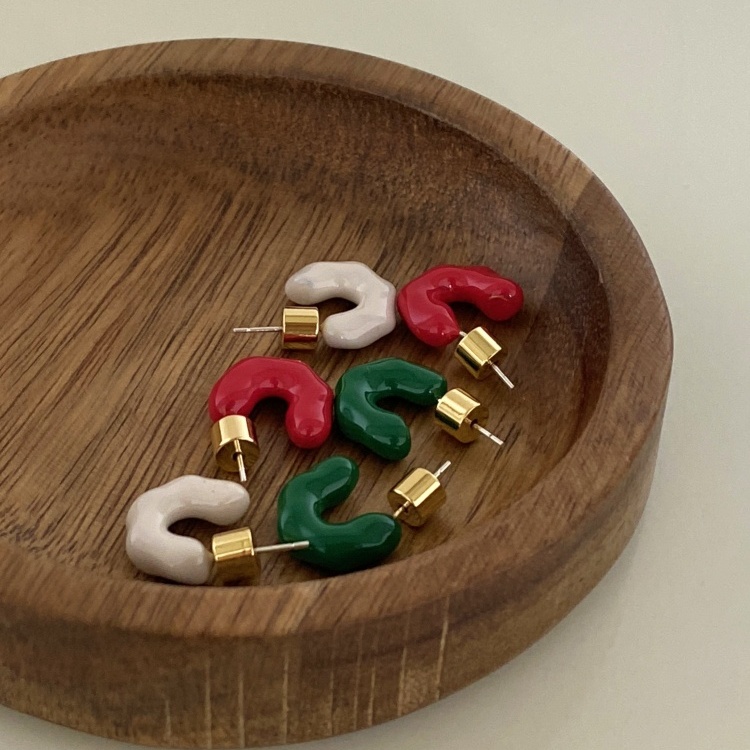 小众简约C型甜甜圈开口复古时髦撞色珐琅耳环925银针耳饰2025新款