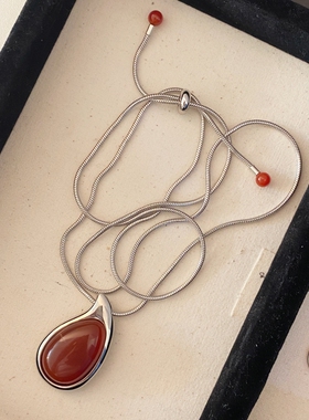 小众设计红玛瑙水滴吊坠项链长款天然石高级感毛衣链叠戴气质轻奢