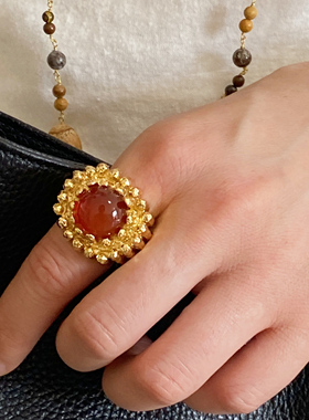 西班牙小众设计红色石头纹理戒指女小众设计款复古开口指环2025新