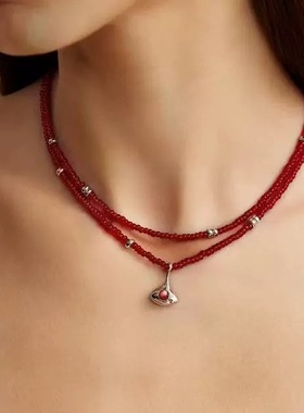 红色串珠双层心愿小众设计本命年高级百搭项链