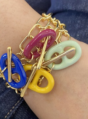 春夏多巴胺风椭圆OT扣手环女手工珐琅彩色猪鼻子手链叠戴2025新款