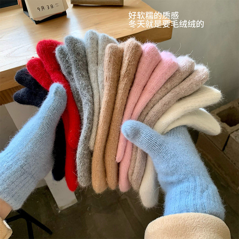 周给给冬季红色兔绒手套女连指双层加厚保暖抗冻针织毛线防风手套