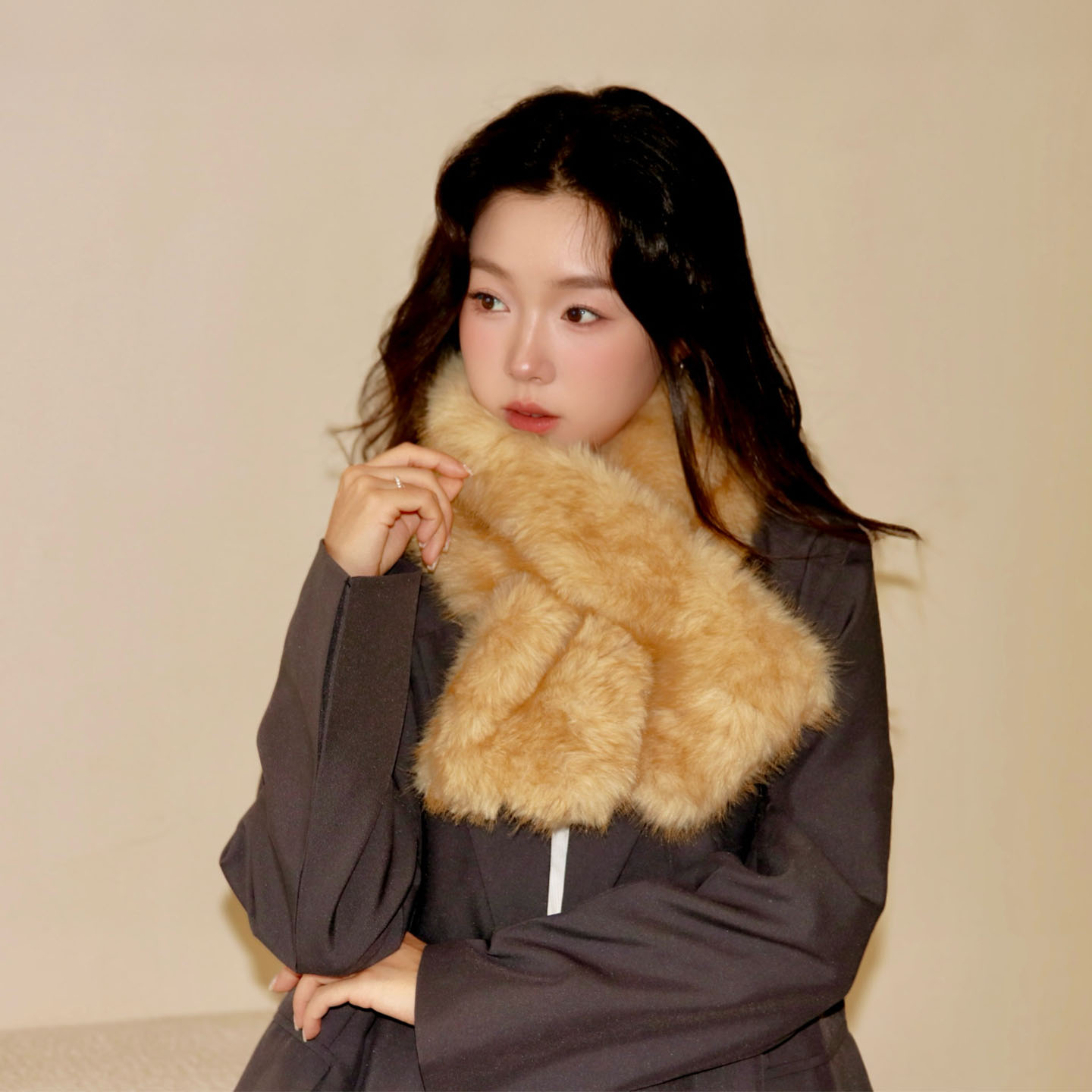 2025周给给新款围巾冬季韩版米黄色保暖双面脖套皮草围脖毛绒加厚
