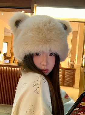 水貂毛可爱女生小熊耳朵毛绒帽女秋冬加厚保暖包头帽蒙古毛毛帽子