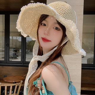 周给给夏季沙滩蕾丝草帽女防晒遮阳旅游度假太阳帽可折叠米色帽子