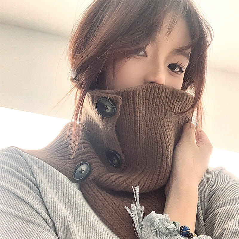 高级小众设计围脖针织纽扣套帽脖套女冬围巾韩版纯色防寒保暖护颈