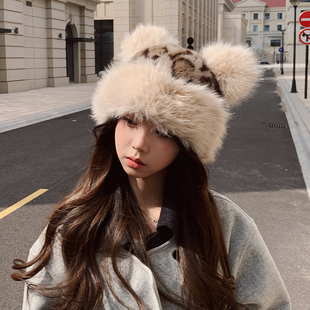 周给给豹纹毛绒帽女冬季仿皮草加厚保暖东北哈尔滨毛球帽子显脸小