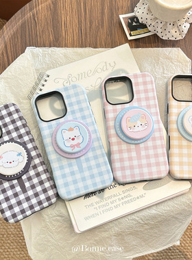 磁吸格纹卡通支架苹果16手机壳iPhone17适用11菲林小动物15promax