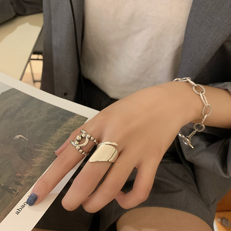 美式925纯银ins潮复古戒指女小众设计光面几何个性食指开口戒