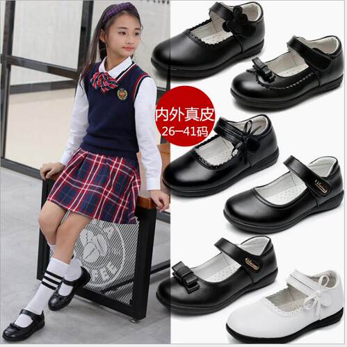 儿童皮鞋公主鞋真牛皮二层皮黑色白色女童学生学校表演礼仪宝宝鞋