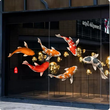 中国风好运锦鲤店铺玻璃静电贴纸中式鲤鱼客厅书房隔断推拉门贴画