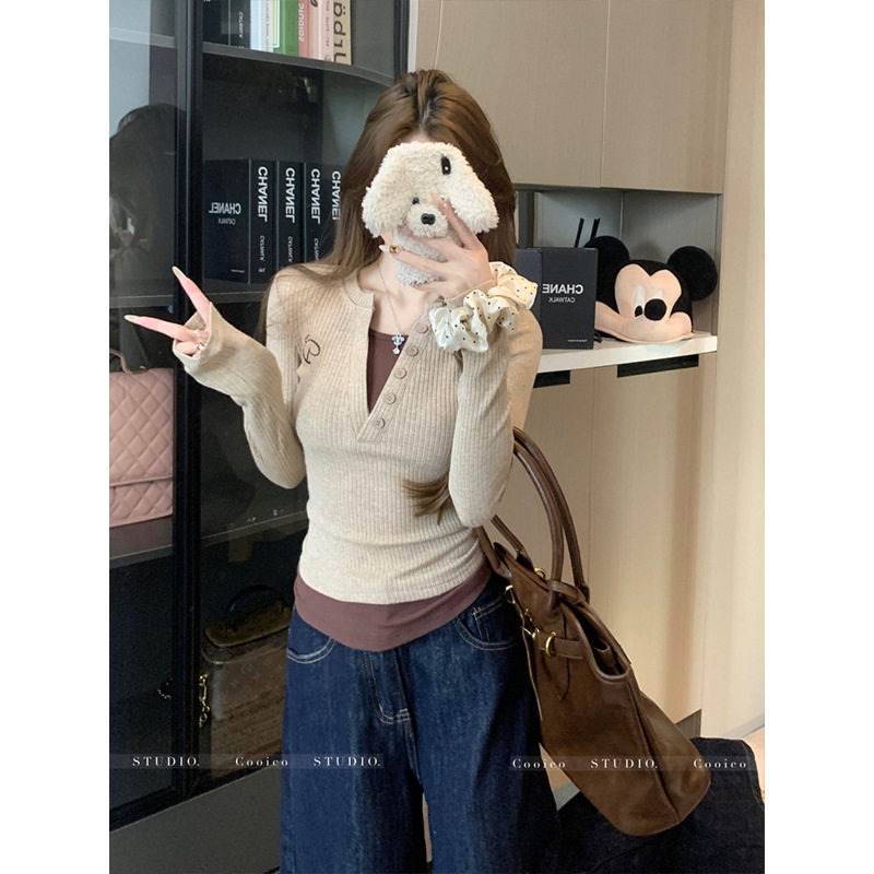 美式复古撞色假两件长袖t恤打底衫女秋季新款辣妹修身显瘦短上衣