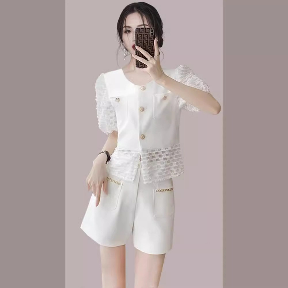 小香风蕾丝衬衫短裤两件套女夏