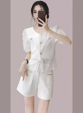 小香风蕾丝衬衫短裤两件套女夏