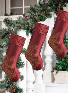 清仓酒红绿色金枝红果圣诞袜礼物袋礼品袋手工打折袜口圣诞装饰袜