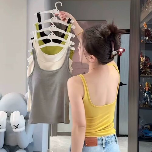 妃子纪5566新疆亚麻棉工字大U背吊带螺纹带胸垫背心内搭外穿修身