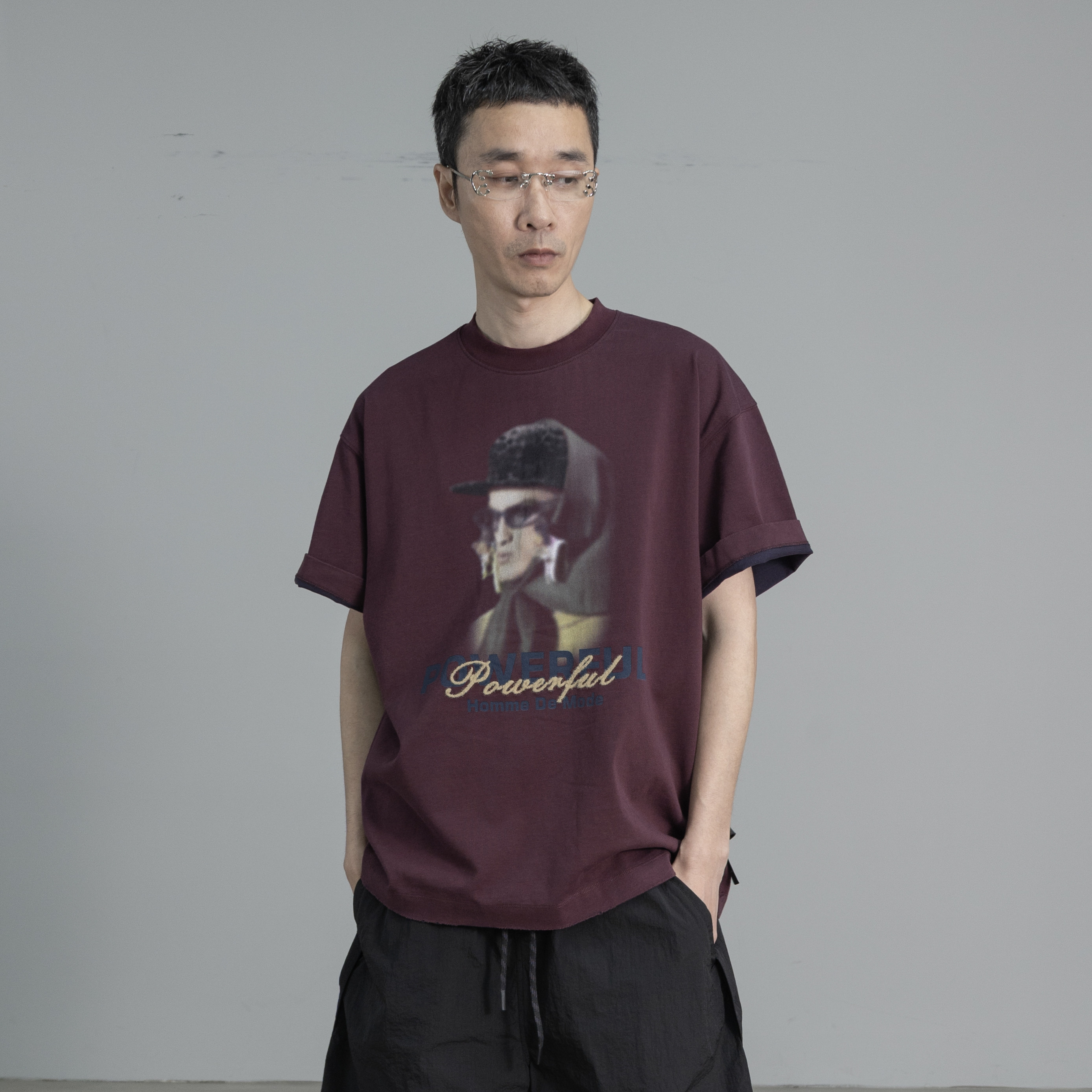 HOMME DE MODE潮牌字母植绒工艺短袖T恤美式流行头像图案体恤衫男