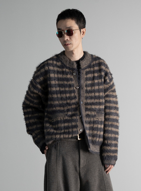 HOMME DE MODE条纹仿貂绒加厚针织毛衣圆领单穿时装开衫外套潮牌