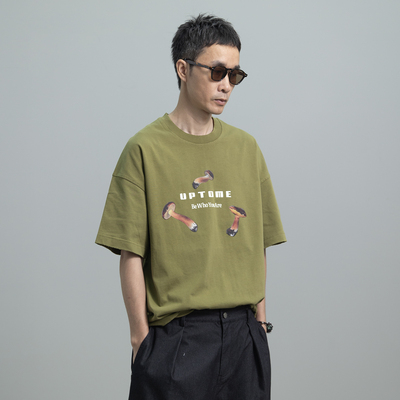 新款美式嘻哈风蘑菇印花短袖T恤夏季男宽松落肩袖潮流100纯棉上衣