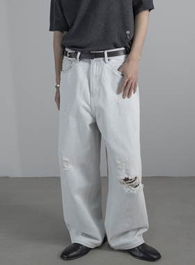 XQ PRISM 2026春季浅色做旧破洞牛仔裤挂烂水洗宽松阔腿男士长裤
