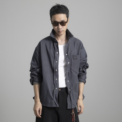 HOMME DE MODE 扭扭乐立领衬衫男长袖宽松休闲百搭衬衣外套松弛感