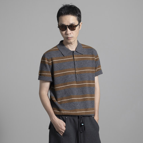 HOMME DE MODE 条纹薄款POLO短袖针织衫老钱风100%羊毛衫打底衫男