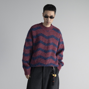 波浪条纹加厚圆领毛衣亲肤保暖针织打底衫 HOMME 新款 MODE冬季