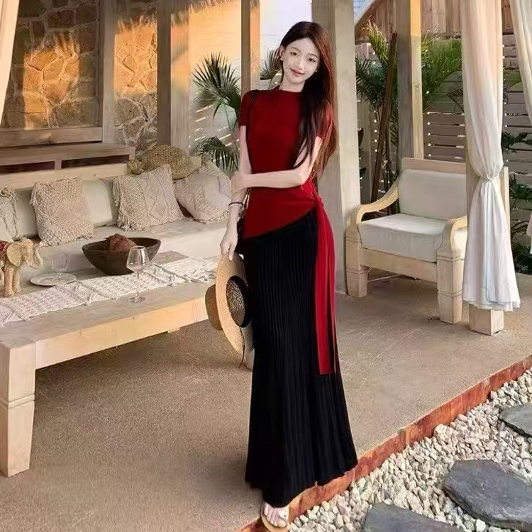 飘带黑色短袖t恤女修身上衣+高级感包臀鱼尾裙韩版夏天一整套套装