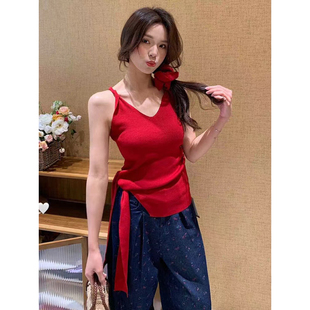 新款 红色V领不规则绑带吊带背心女2025夏季 港风独特漂亮绝美上衣