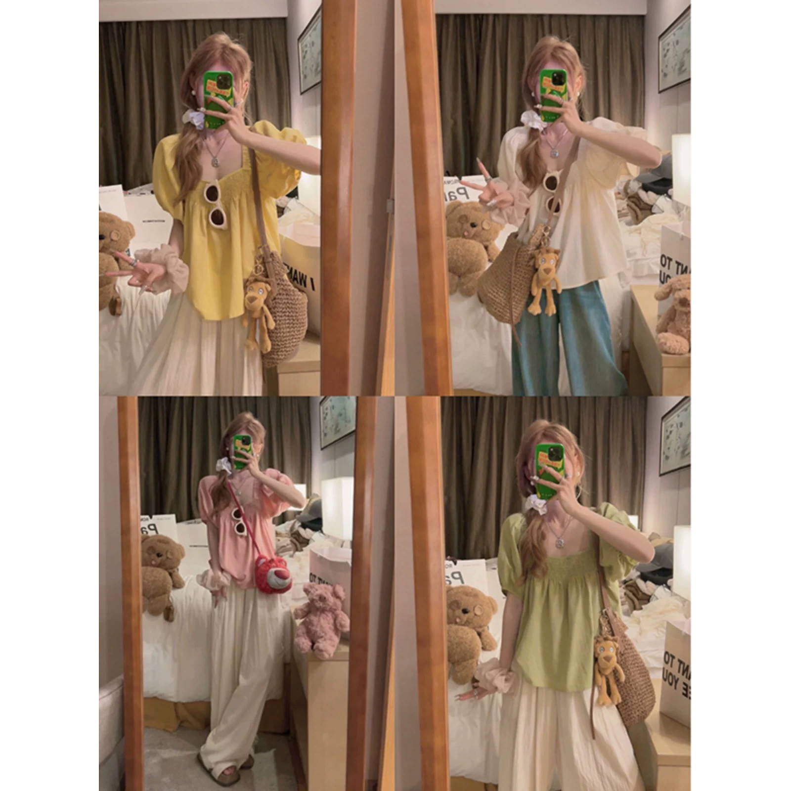 黄色方领短袖衬衫娃娃衫女夏天宽松薄款休闲洋气亚麻棉泡泡袖上衣