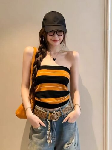 纯欲风辣妹条纹针织背心女夏季新款修身显瘦性感露背外穿抹胸上衣