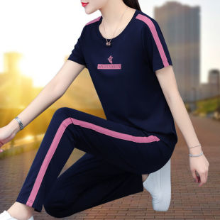 夏季运动服套装女新款韩版短袖印花上衣韩版大码休闲两件套装长裤