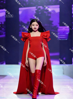 2026新款PK赛服女童模特T台走秀演出服女童红色礼服T台走秀演出服