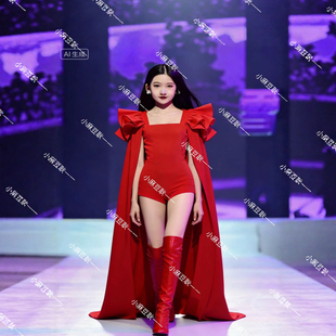 2026新款PK赛服女童模特T台走秀演出服女童红色礼服T台走秀演出服
