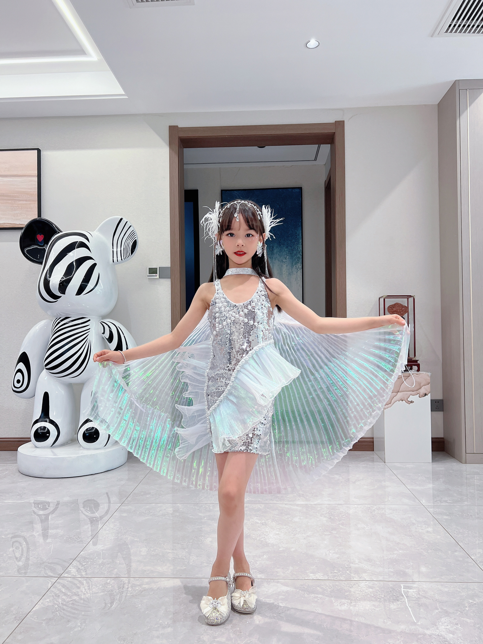 儿童美人鱼服装梦幻科技感机车潮服亮片鱼尾裙精灵海洋主题服