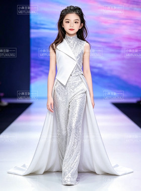 2026新款女童礼服裤装银白色拼接亮片单肩T台PK女童走秀服潮服