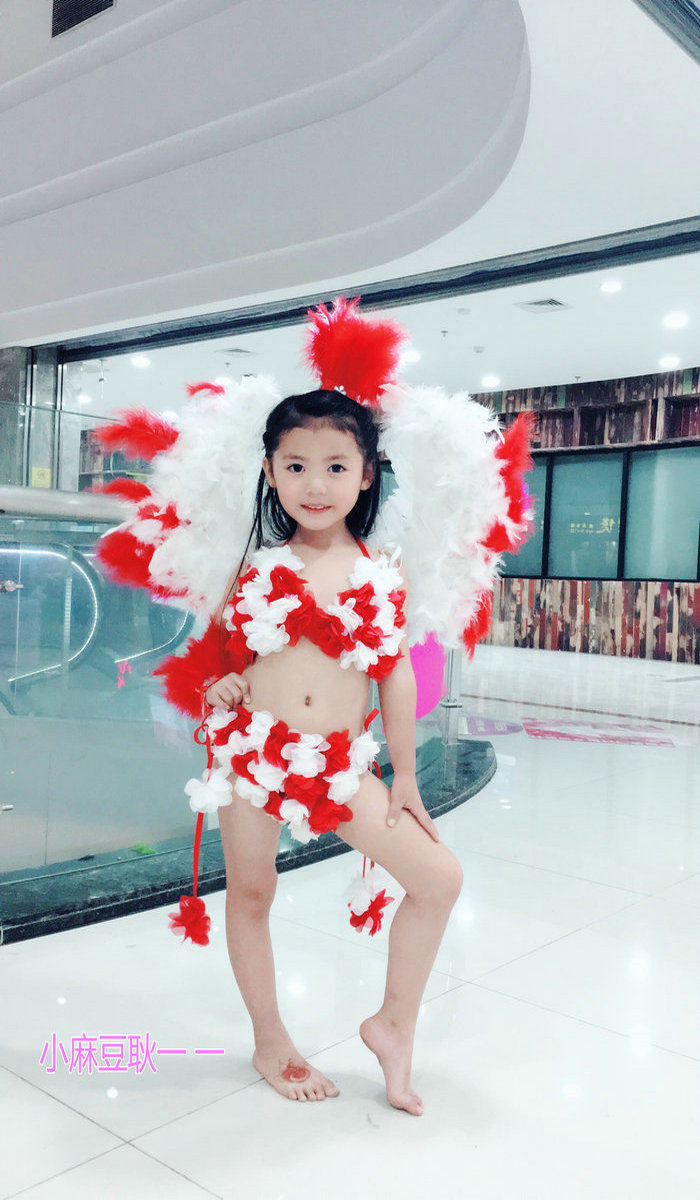 新款儿童t台走秀泳装 女童模特舞台表演服装 羽毛比基尼演出服