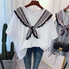官圖 實價 棉 民族絲帶寬鬆棉白色打底衫短袖t恤女上衣