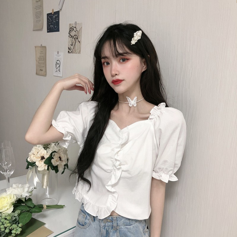 Official picture real price fiber French shirt women's design small crowd clavicle short style bubble sleeve