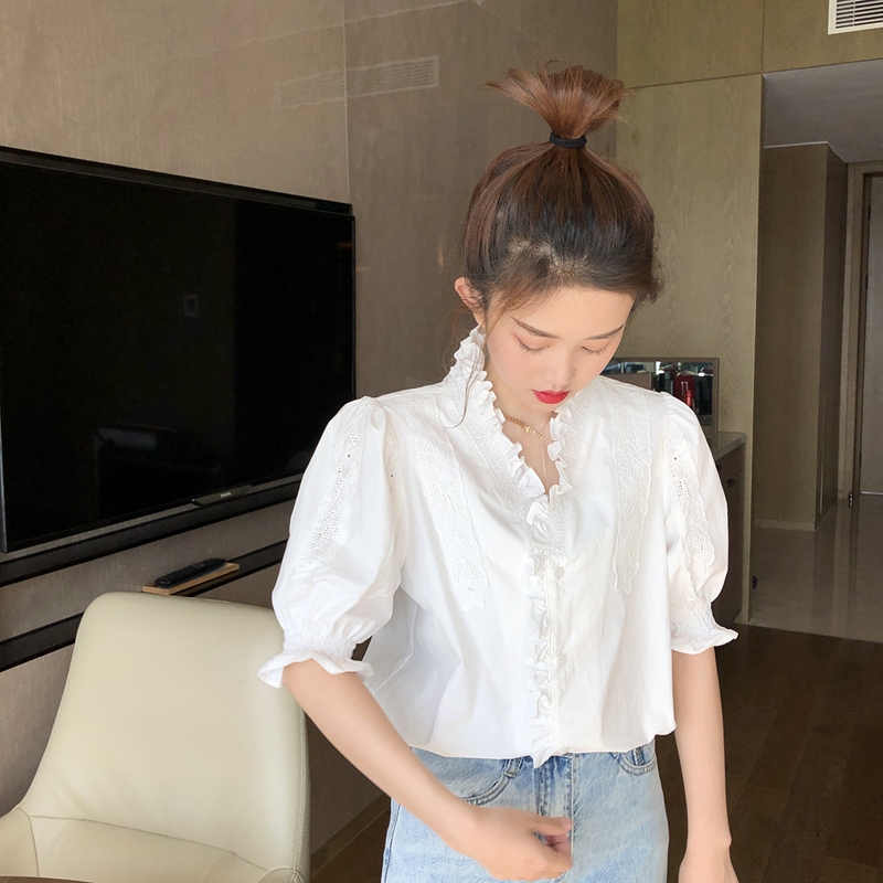 2021 new ear edge bubble sleeve shirt top Korean version small fresh loose short sleeve shirt