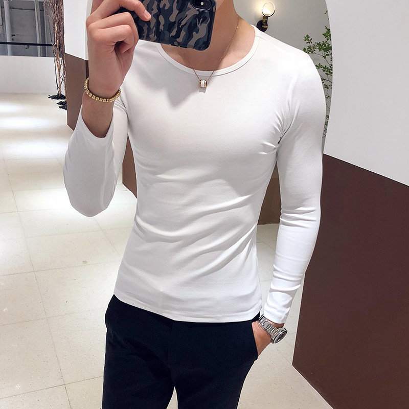 新款秋季长袖男修身圆领T恤男士紧身打底衫内衬莫代尔上衣服男潮