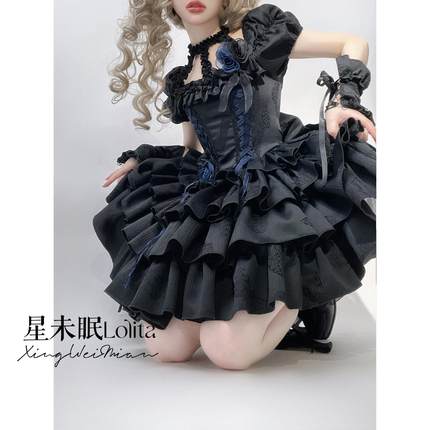 星未眠lolita落日维纳斯op鱼骨狗短黑色暗黑礼服原创礼服连衣裙