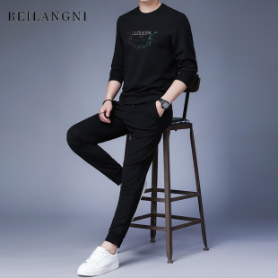 新款 男士 卫衣2020秋季 长袖 中青年潮流帅气烫钻两件套 休闲运动套装