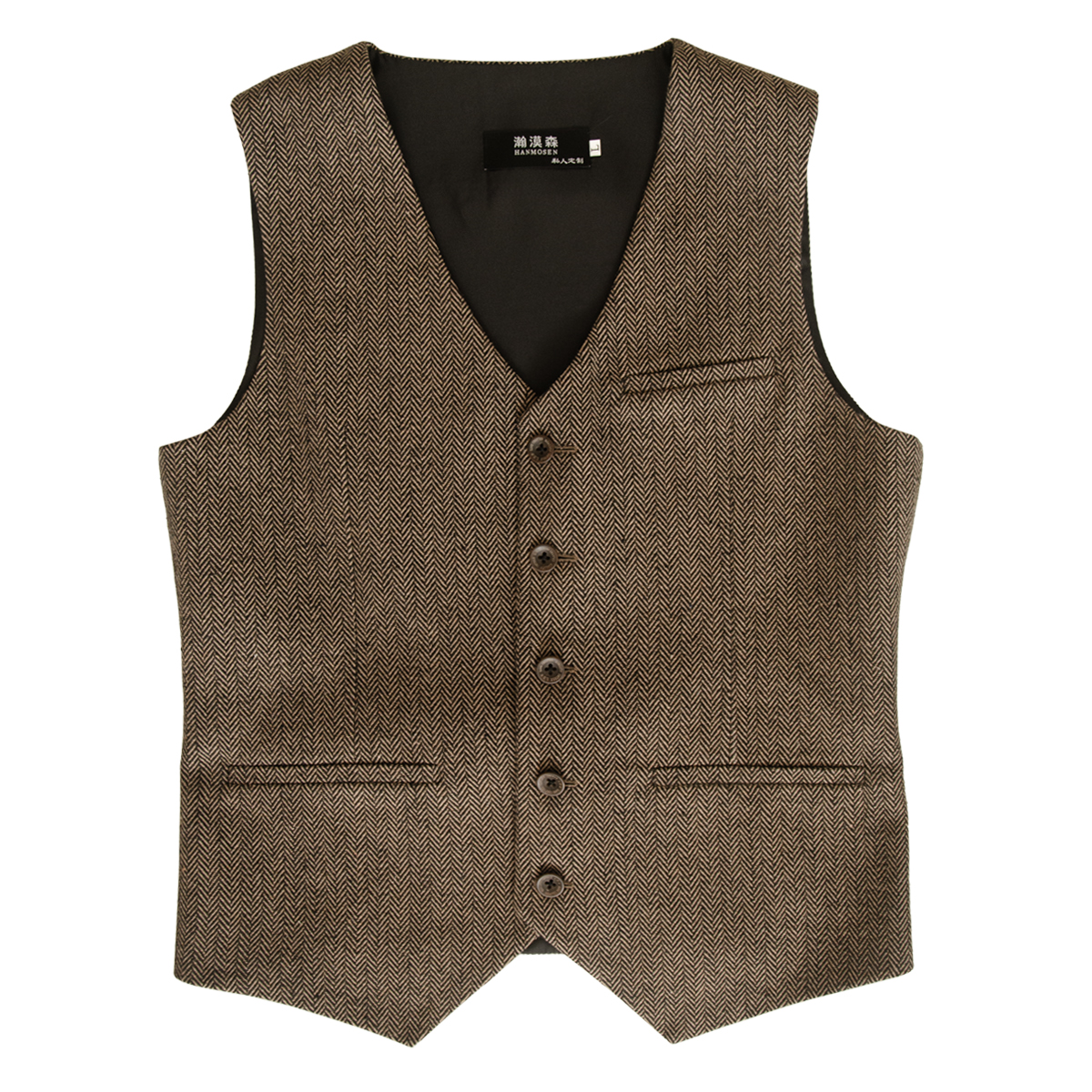 秋冬新款驼色棕色西装马甲男粗花呢英伦欧美简约马夹保暖加大定做