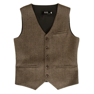 秋冬新款 马甲男粗花呢英伦欧美简约马夹保暖加大定做 驼色棕色西装