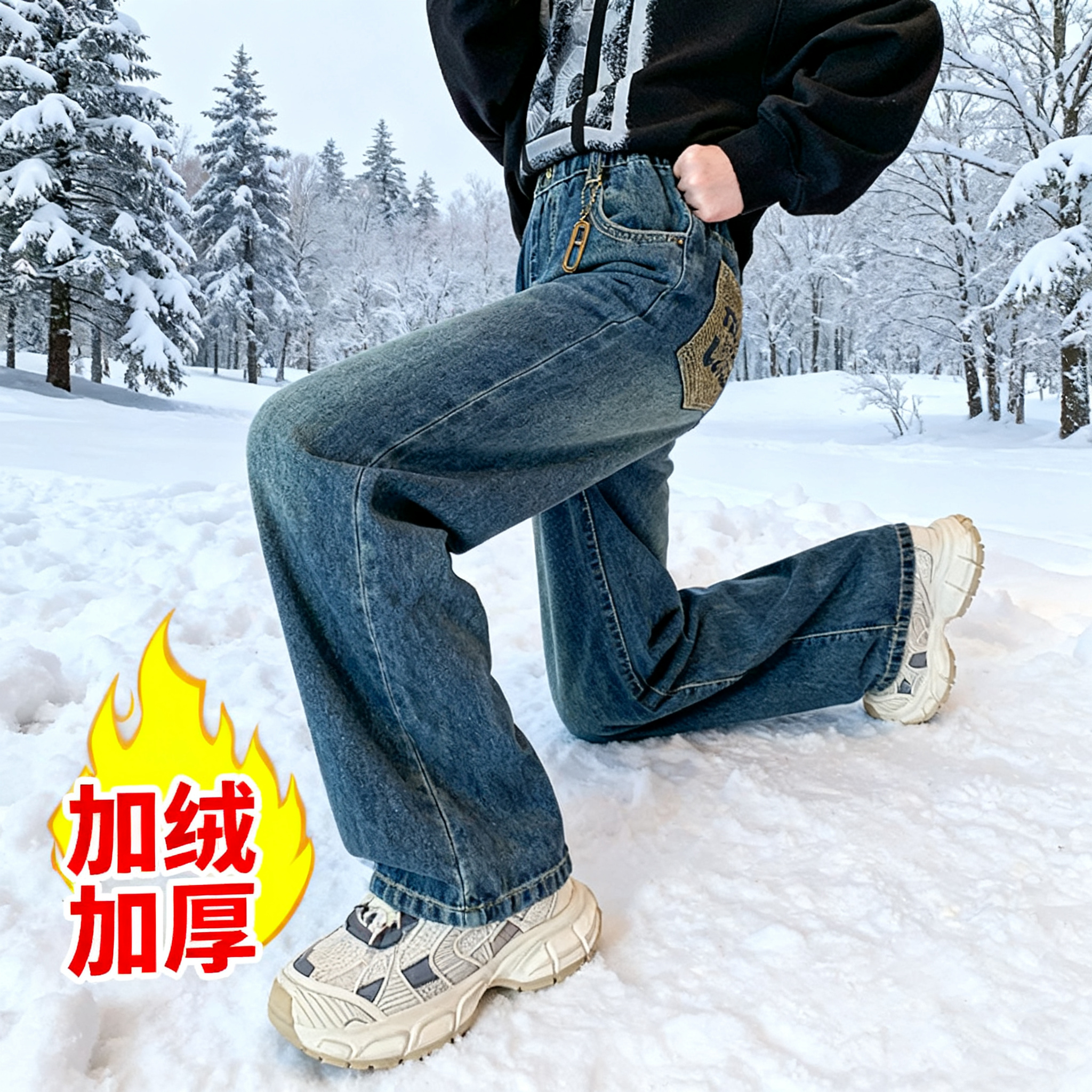 女童牛仔裤加绒直筒裤松紧裤子