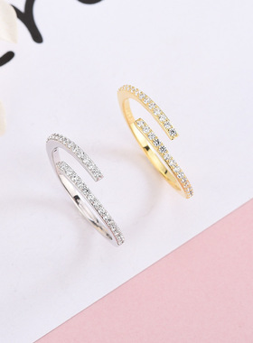 s925纯银韩版镶满钻开口戒指小众