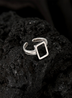 新款镂空方块银戒指女ins冷淡风