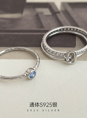 新款S925银复古蓝钻双层组合戒指